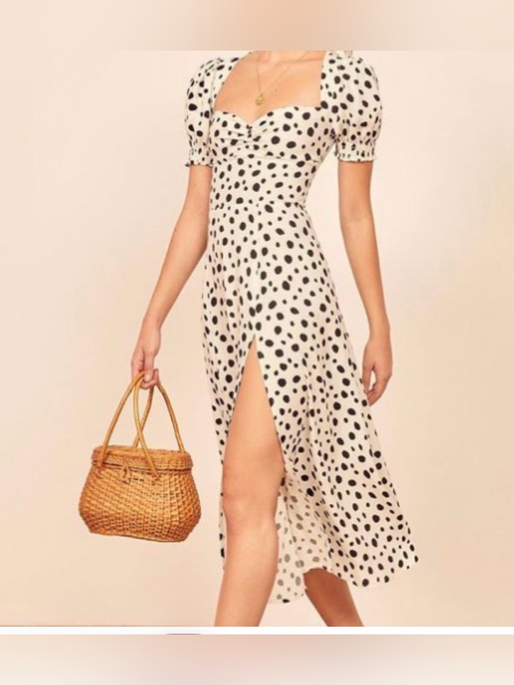 Reformation Lacey Dress Ink Blot Polka Dot Midi High Slit Sweetheart Sz 4